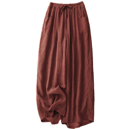 Buddha Stones Spring Pure Color Drawstring Double Layer Women's Wide Leg Pants With Pockets