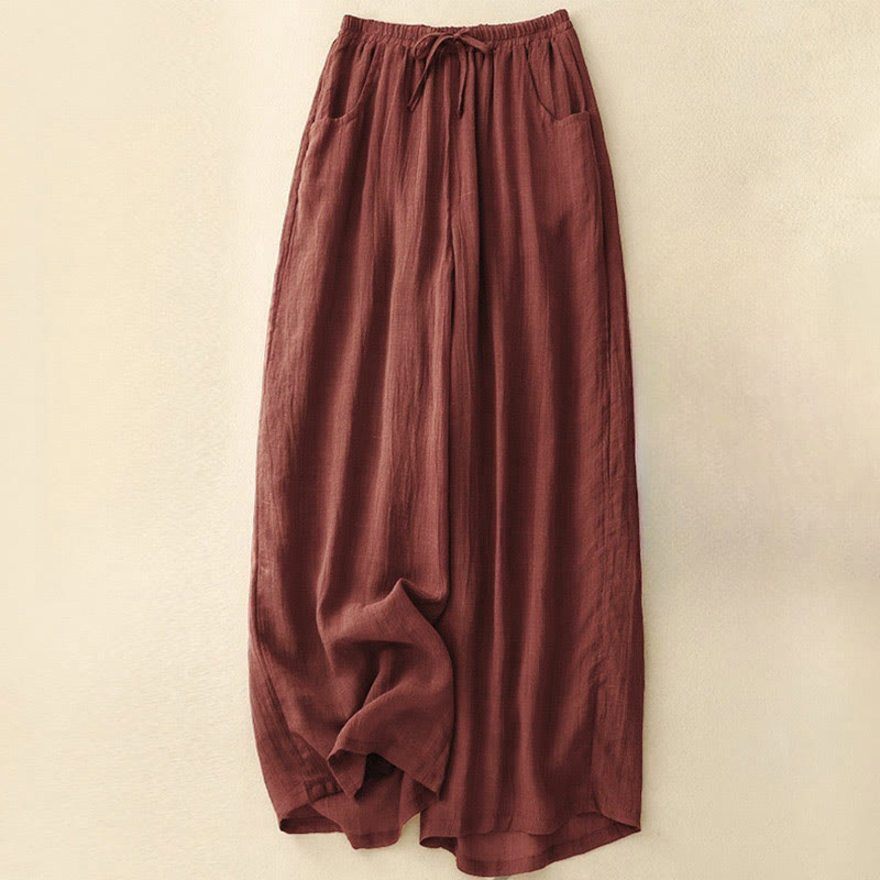 Buddha Stones Spring Pure Color Drawstring Double Layer Women's Wide Leg Pants With Pockets