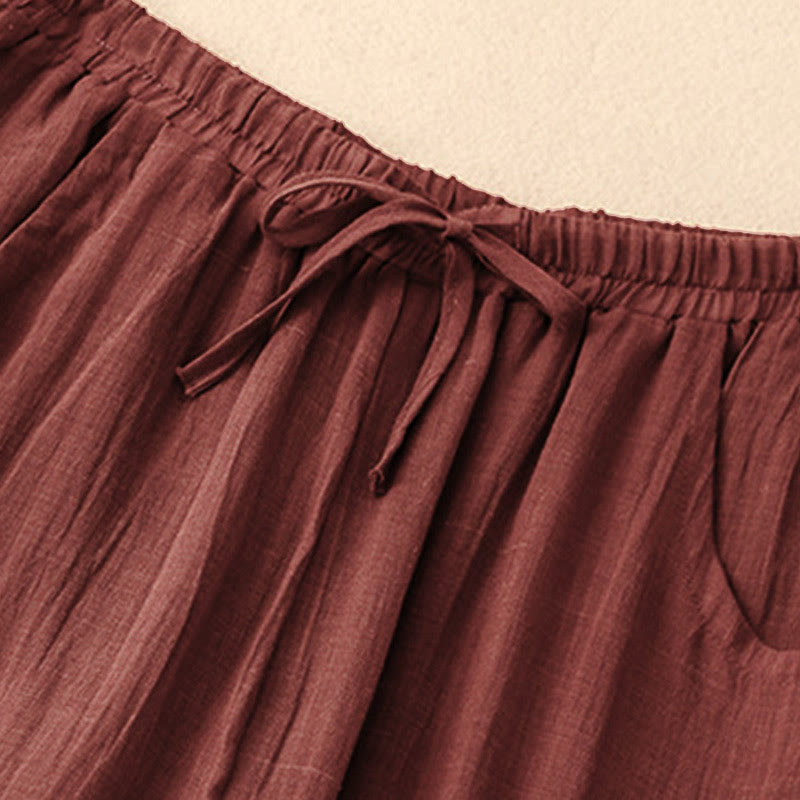 Buddha Stones Spring Pure Color Drawstring Double Layer Women's Wide Leg Pants With Pockets