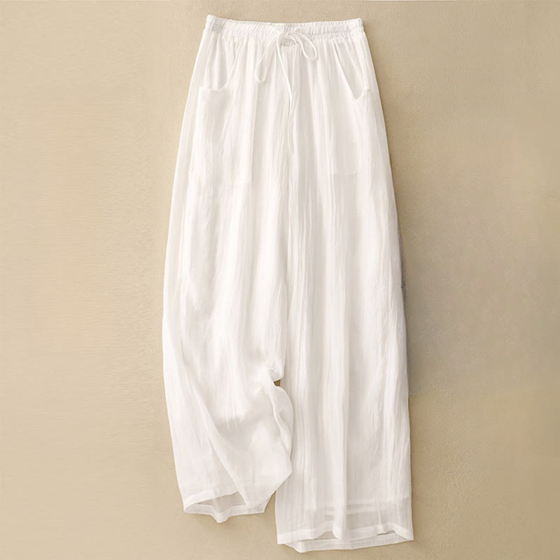 Buddha Stones Spring Pure Color Drawstring Double Layer Women's Wide Leg Pants With Pockets