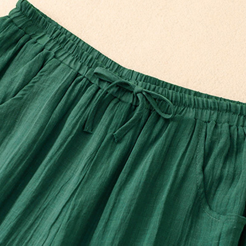 Buddha Stones Spring Pure Color Drawstring Double Layer Women's Wide Leg Pants With Pockets