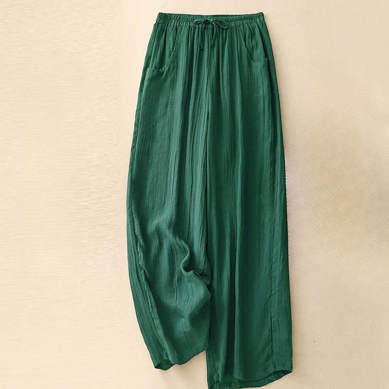 Buddha Stones Spring Pure Color Drawstring Double Layer Women's Wide Leg Pants With Pockets