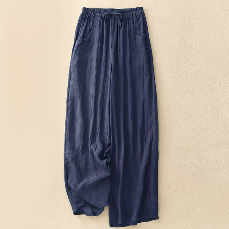 Buddha Stones Spring Pure Color Drawstring Double Layer Women's Wide Leg Pants With Pockets