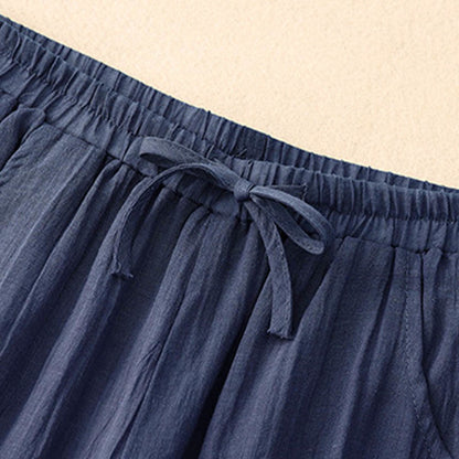 Buddha Stones Spring Pure Color Drawstring Double Layer Women's Wide Leg Pants With Pockets