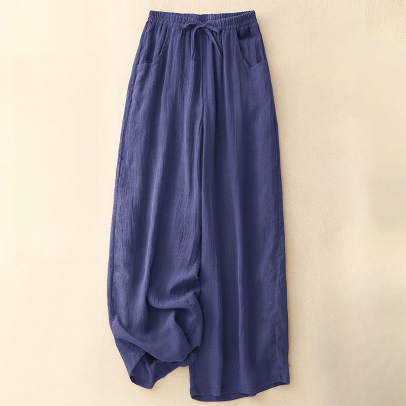 Buddha Stones Spring Pure Color Drawstring Double Layer Women's Wide Leg Pants With Pockets