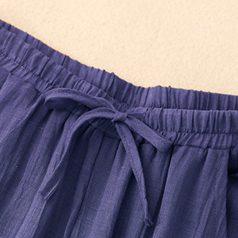 Buddha Stones Spring Pure Color Drawstring Double Layer Women's Wide Leg Pants With Pockets