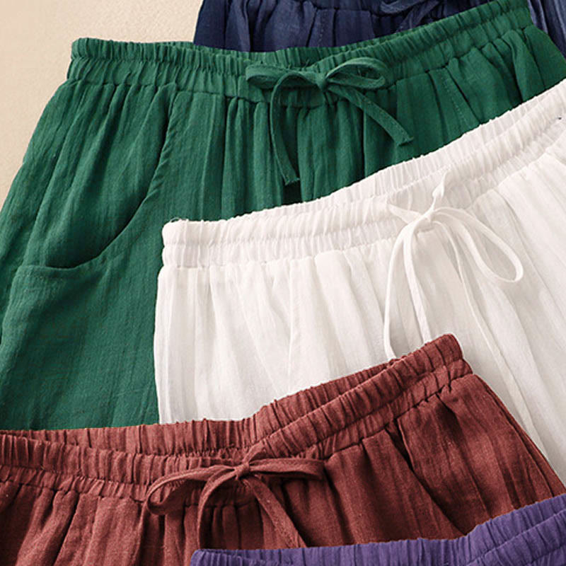 Buddha Stones Spring Pure Color Drawstring Double Layer Women's Wide Leg Pants With Pockets