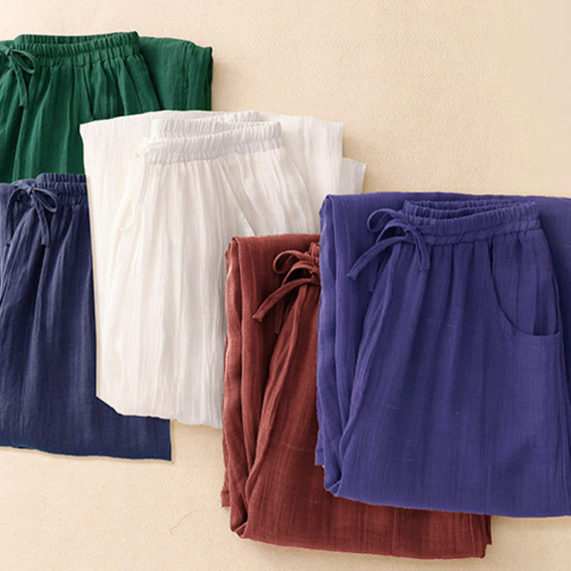 Buddha Stones Spring Pure Color Drawstring Double Layer Women's Wide Leg Pants With Pockets