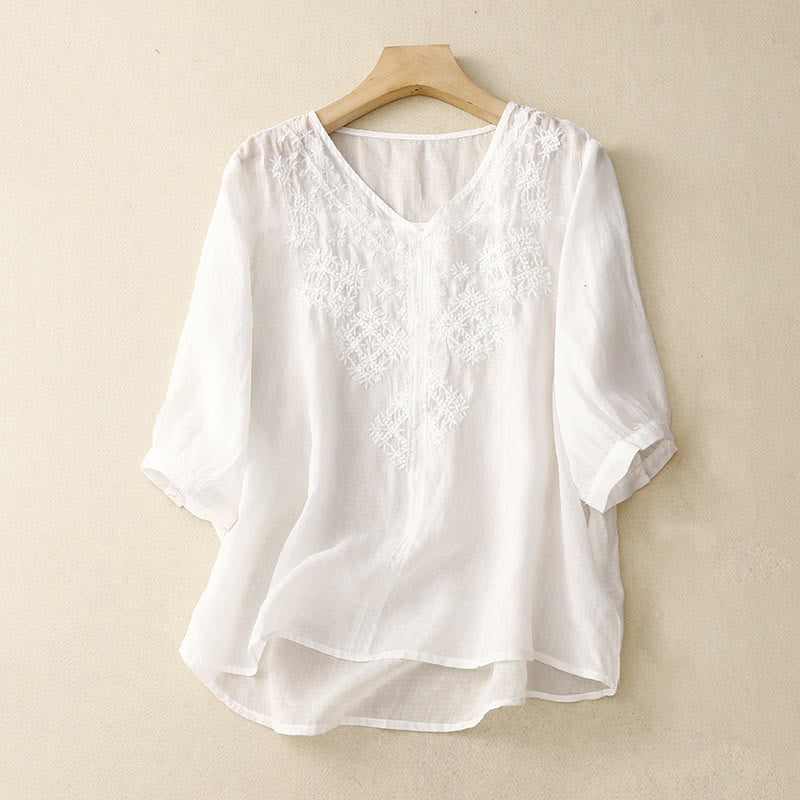 Buddha Stones V-Neck Lines Embroidery Women's Half Sleeve Shirt
