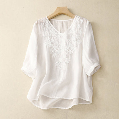 Buddha Stones V-Neck Lines Embroidery Women's Half Sleeve Shirt
