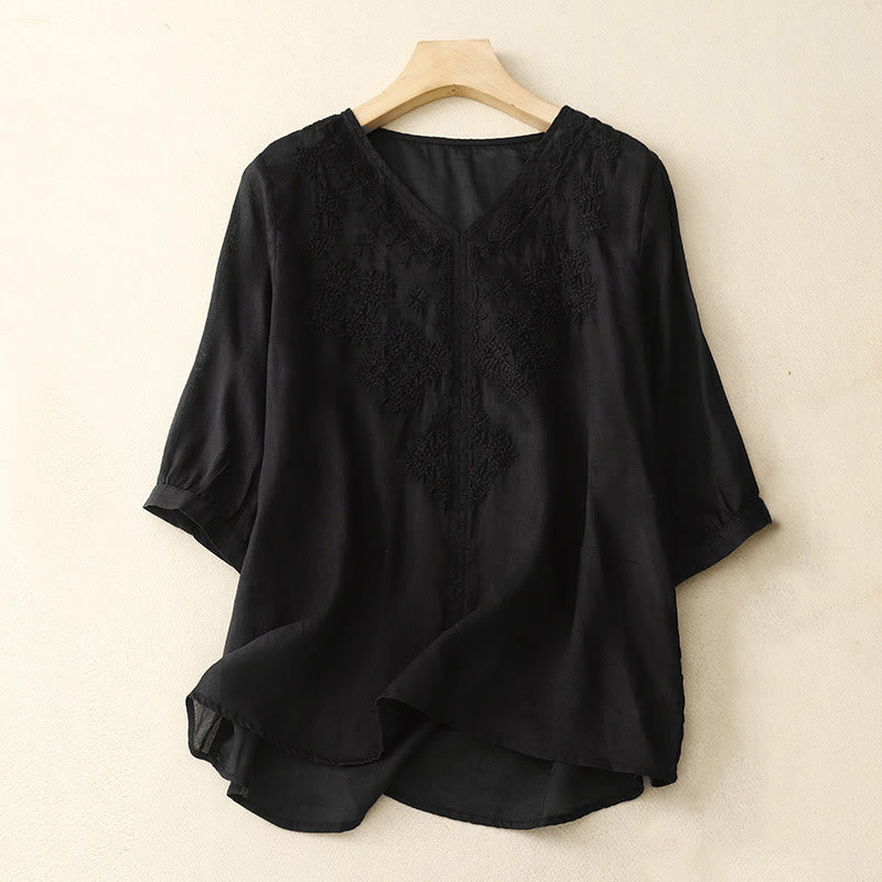 Buddha Stones V-Neck Lines Embroidery Women's Half Sleeve Shirt