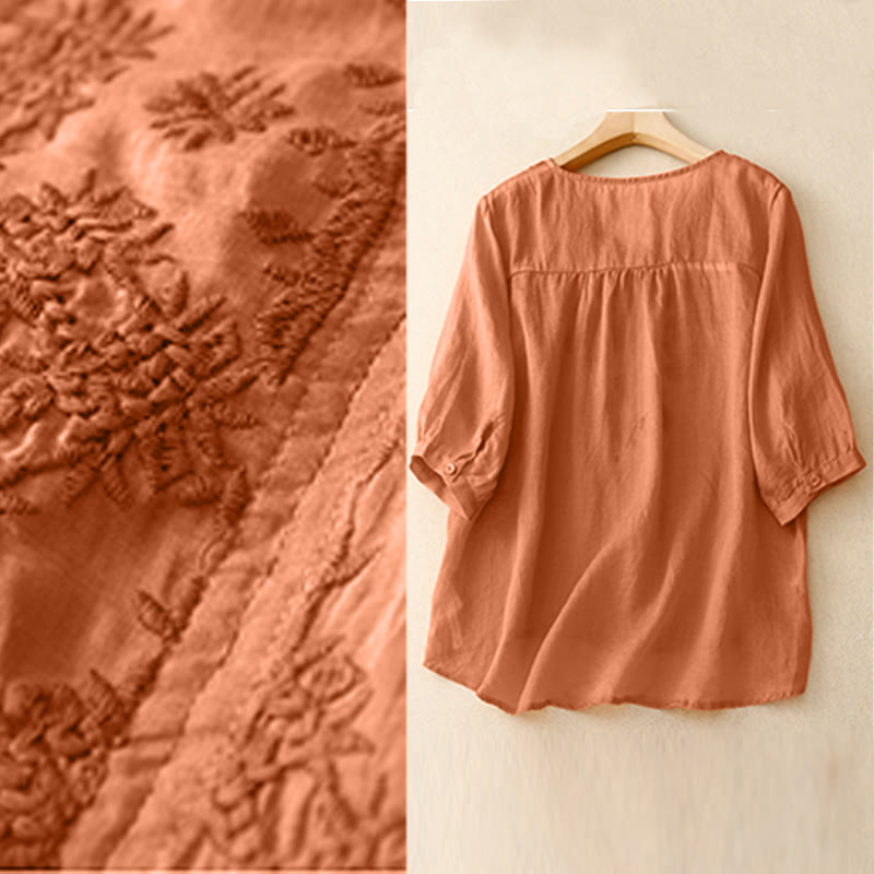 Buddha Stones V-Neck Lines Embroidery Women's Half Sleeve Shirt