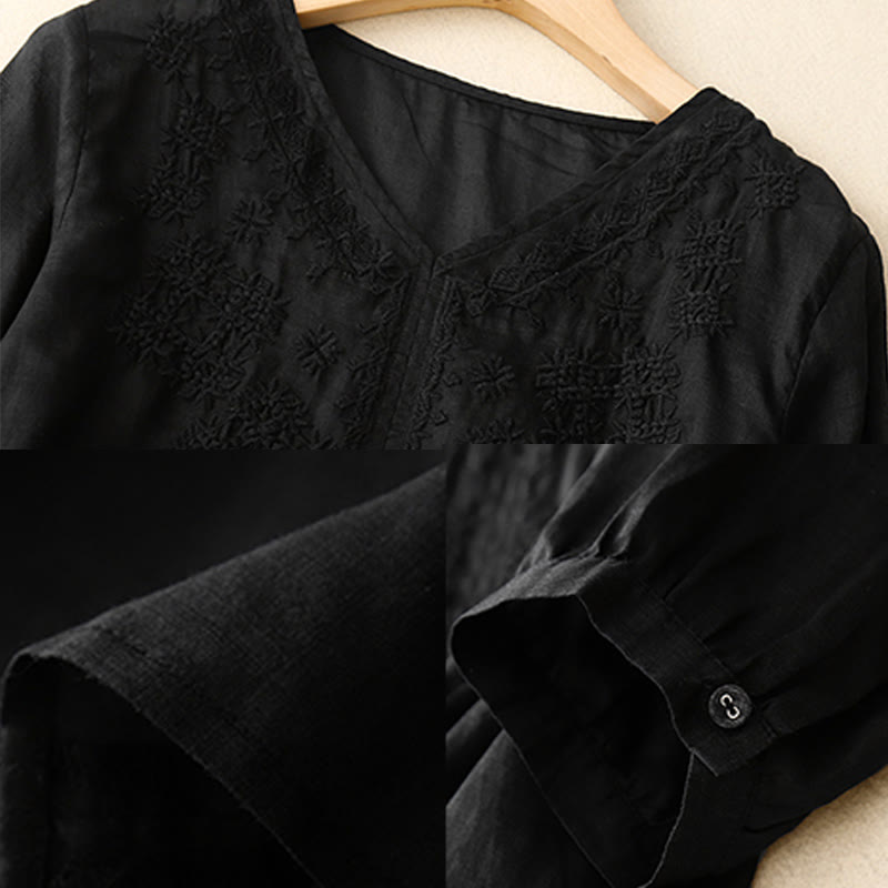 Buddha Stones V-Neck Lines Embroidery Women's Half Sleeve Shirt