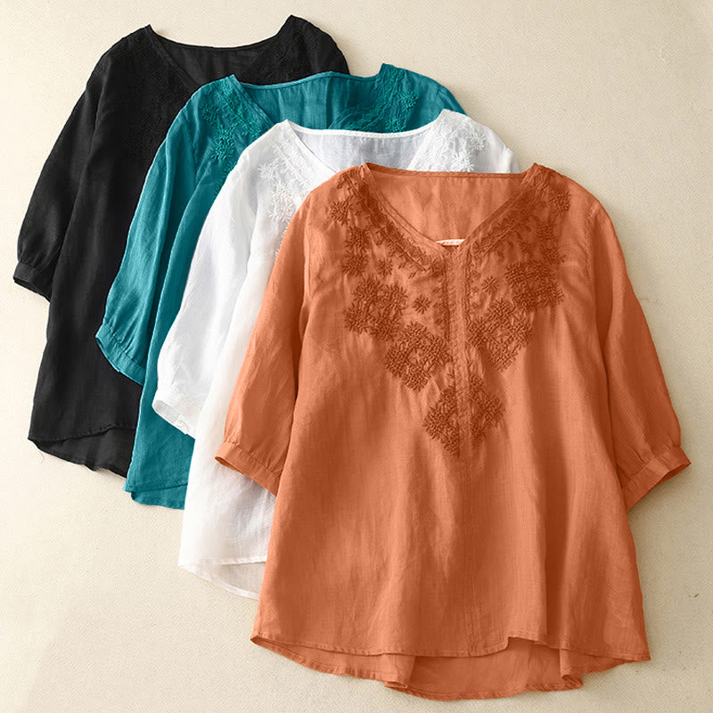 Buddha Stones V-Neck Lines Embroidery Women's Half Sleeve Shirt