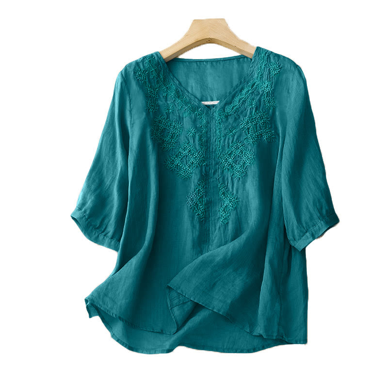 Buddha Stones V-Neck Lines Embroidery Women's Half Sleeve Shirt