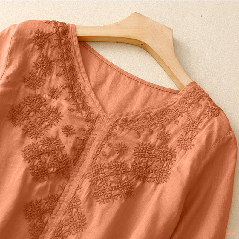 Buddha Stones V-Neck Lines Embroidery Women's Half Sleeve Shirt