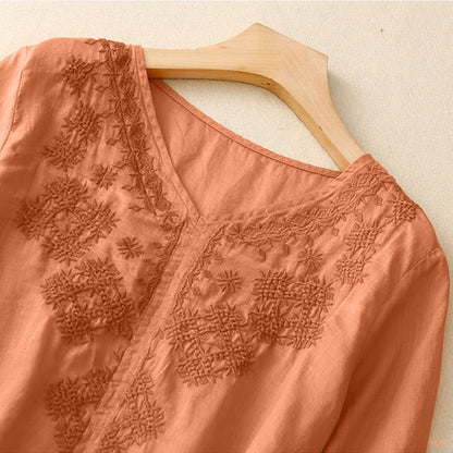 Buddha Stones V-Neck Lines Embroidery Women's Half Sleeve Shirt