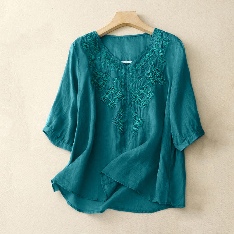 Buddha Stones V-Neck Lines Embroidery Women's Half Sleeve Shirt