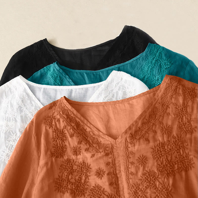 Buddha Stones V-Neck Lines Embroidery Women's Half Sleeve Shirt