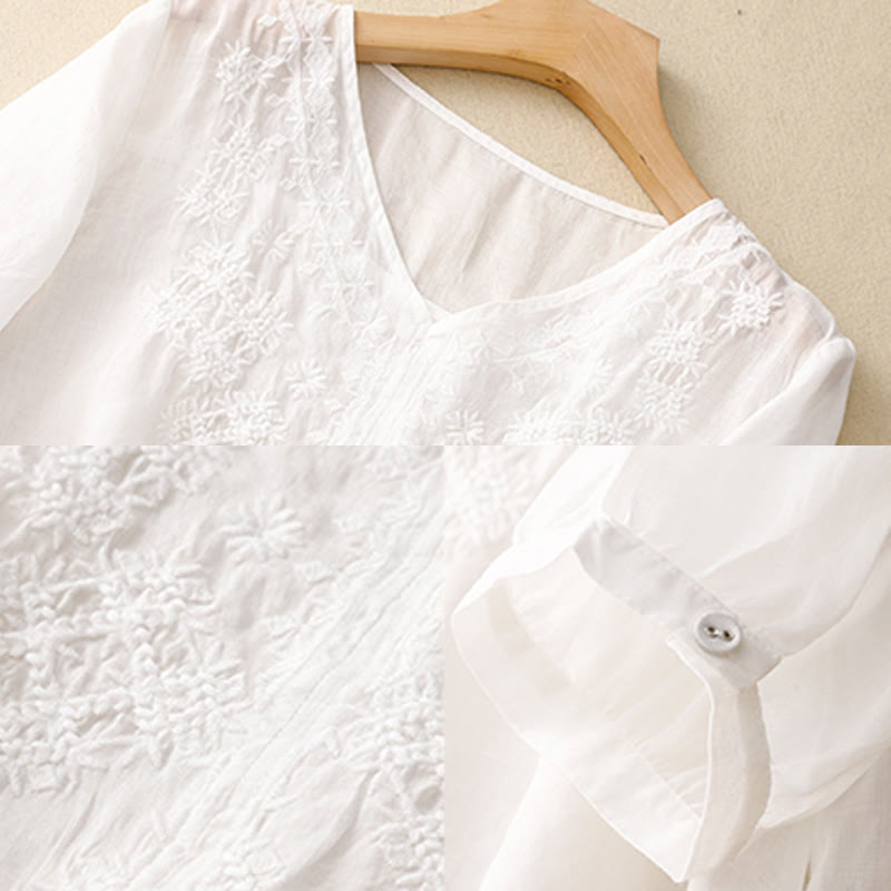 Buddha Stones V-Neck Lines Embroidery Women's Half Sleeve Shirt