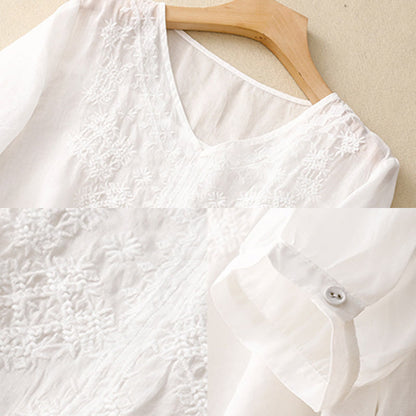 Buddha Stones V-Neck Lines Embroidery Women's Half Sleeve Shirt