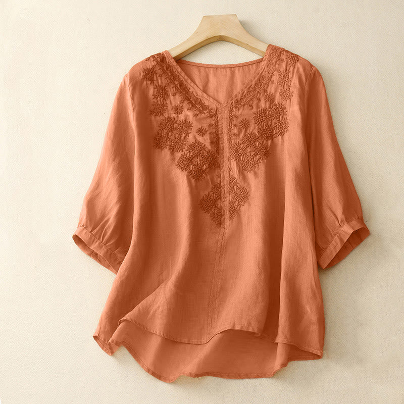 Buddha Stones V-Neck Lines Embroidery Women's Half Sleeve Shirt