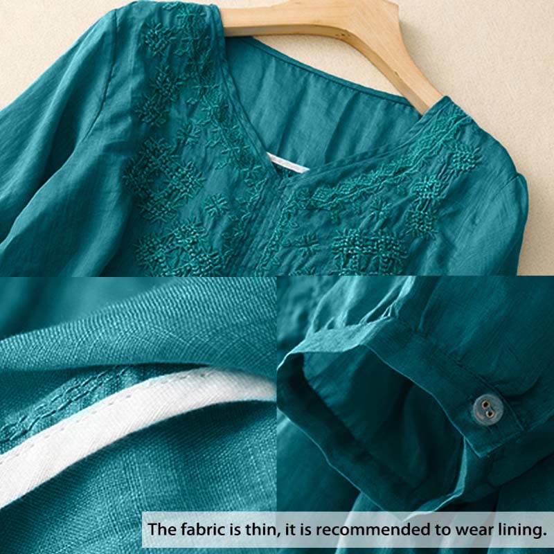Buddha Stones V-Neck Lines Embroidery Women's Half Sleeve Shirt