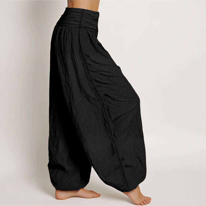 Buddha Stones Pure Cotton Plain Black Women's Elastic Waist Harem Pants