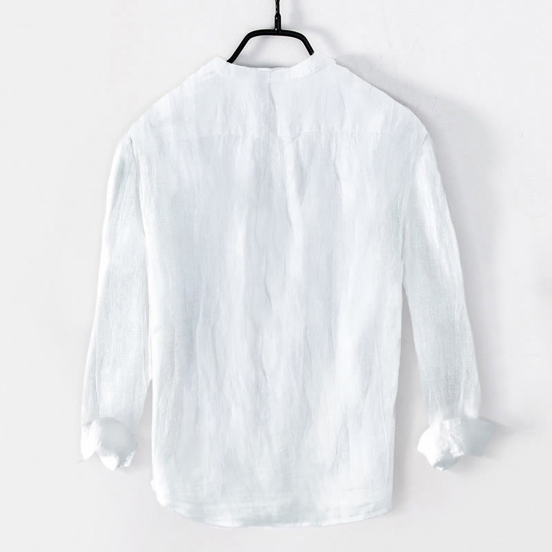 Buddha Stones Solid Color Short Sleeve Half Button Shirt Cotton Linen Men Clothing
