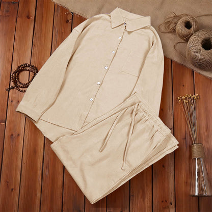 Buddha Stones 2Pcs Long Sleeve Shirt Top With Pockets Drawstring Pants Meditation Cotton Clothing Women's Set