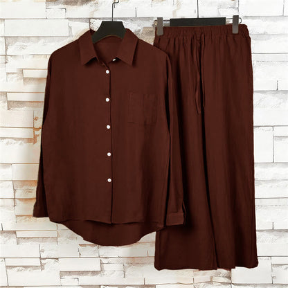 Buddha Stones 2Pcs Long Sleeve Shirt Top With Pockets Drawstring Pants Meditation Cotton Clothing Women's Set