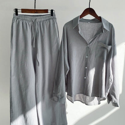 Buddha Stones 2Pcs Long Sleeve Shirt Top With Pockets Drawstring Pants Meditation Cotton Clothing Women's Set