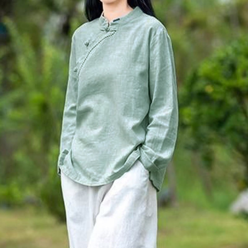 Buddha Stones Oblique Collar Knot button Loose Linen Clothing