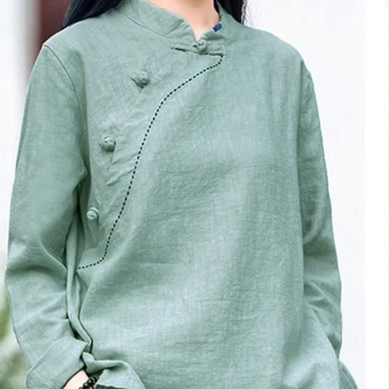 Buddha Stones Oblique Collar Knot button Loose Linen Clothing