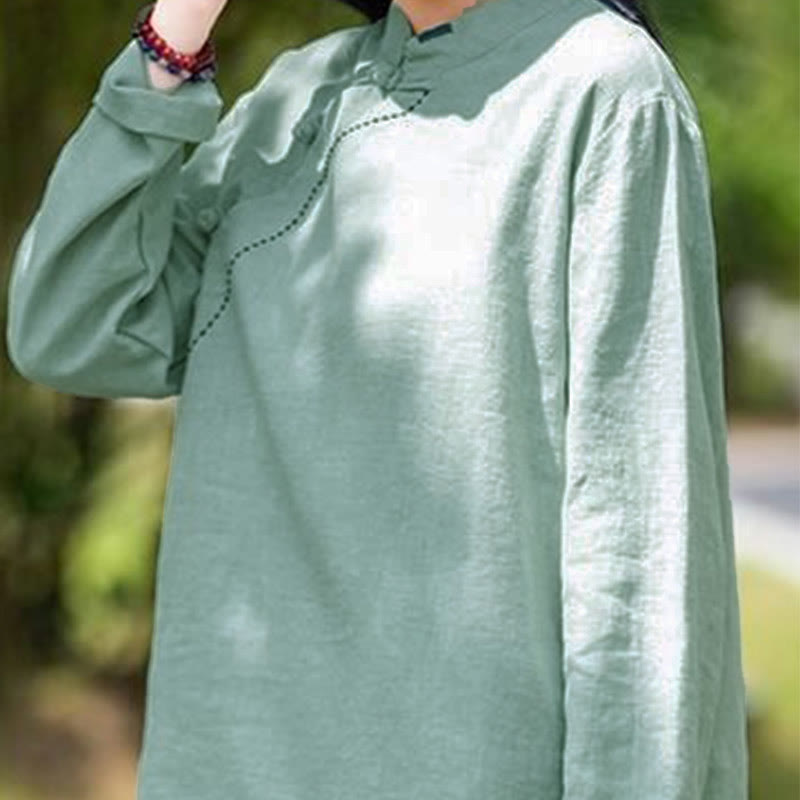 Buddha Stones Oblique Collar Knot button Loose Linen Clothing