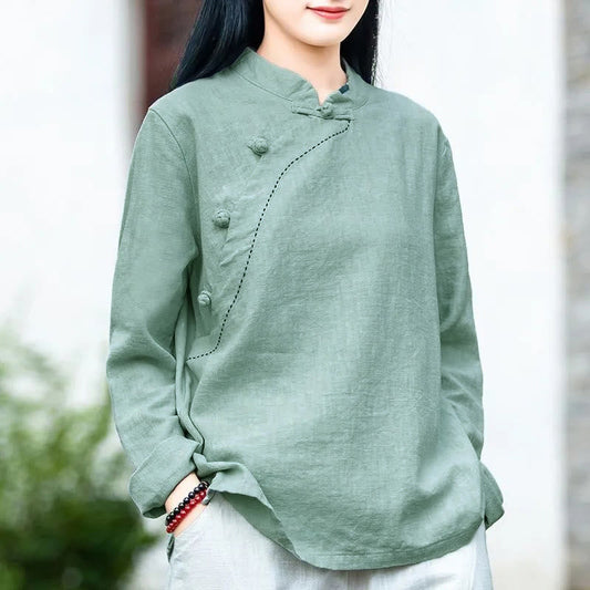 Buddha Stones Oblique Collar Knot button Loose Linen Clothing