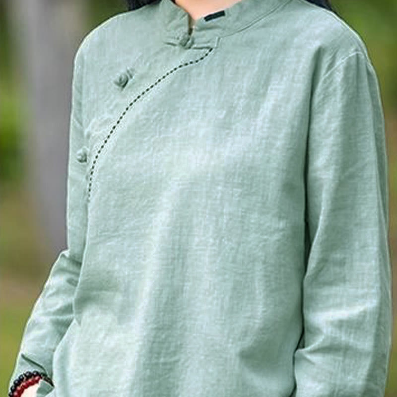 Buddha Stones Oblique Collar Knot button Loose Linen Clothing