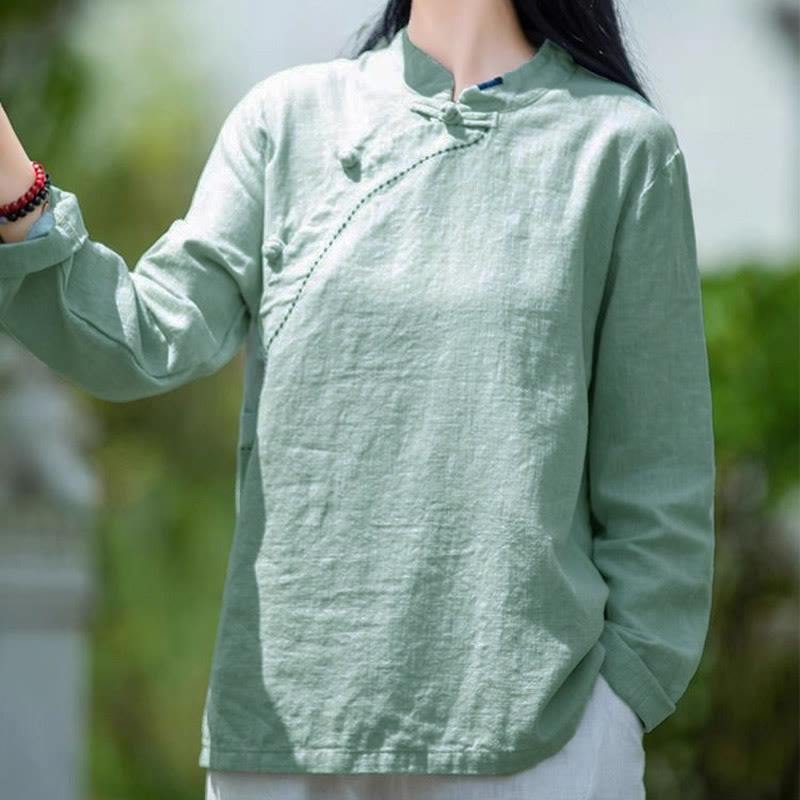 Buddha Stones Oblique Collar Knot button Loose Linen Clothing
