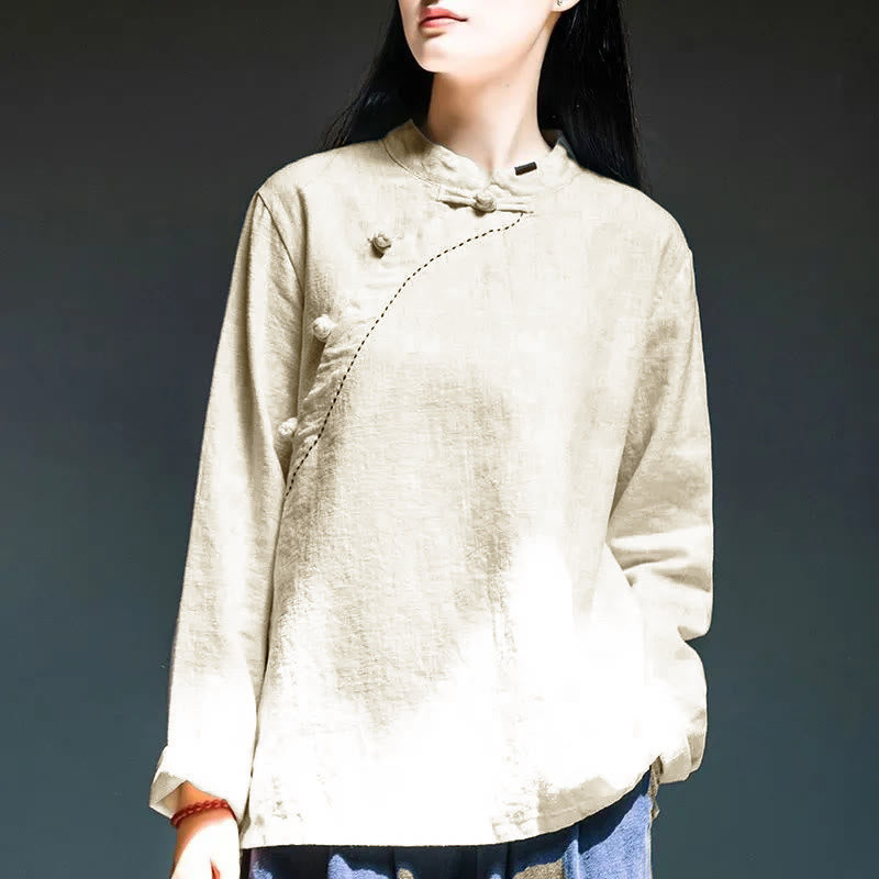 Buddha Stones Oblique Collar Knot button Loose Linen Clothing