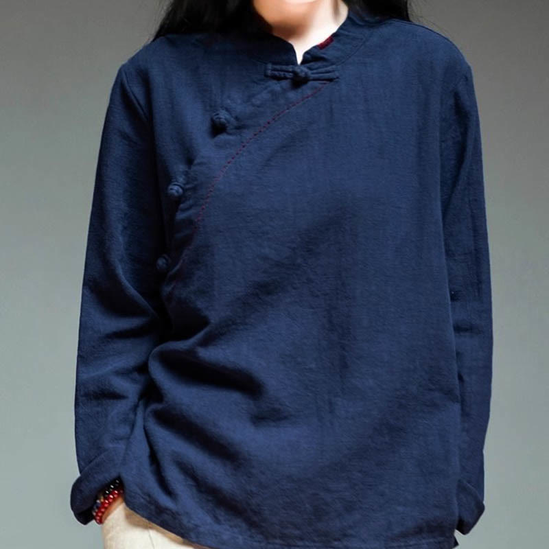 Buddha Stones Oblique Collar Knot button Loose Linen Clothing
