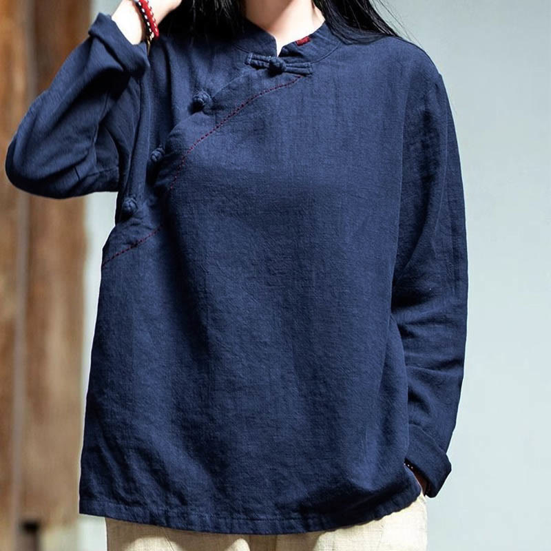 Buddha Stones Oblique Collar Knot button Loose Linen Clothing