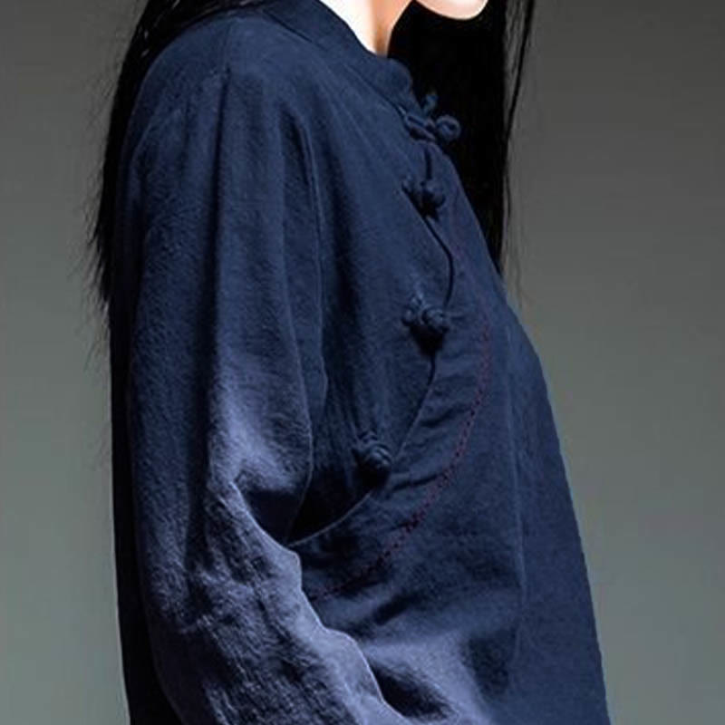 Buddha Stones Oblique Collar Knot button Loose Linen Clothing