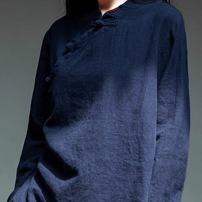 Buddha Stones Oblique Collar Knot button Loose Linen Clothing