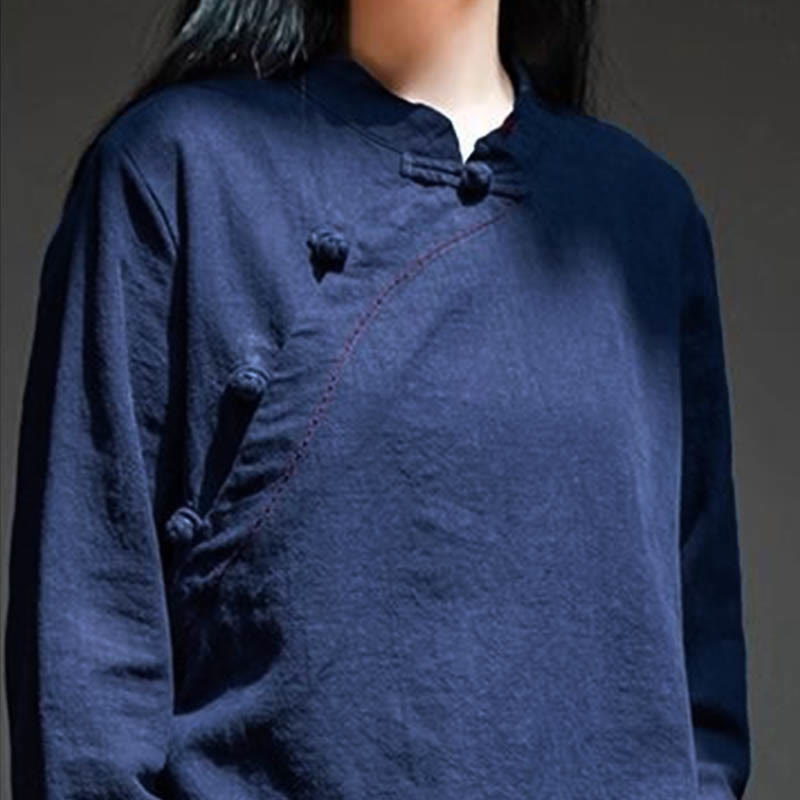Buddha Stones Oblique Collar Knot button Loose Linen Clothing