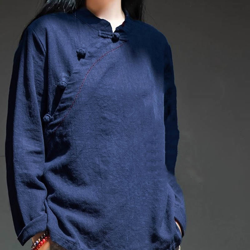 Buddha Stones Oblique Collar Knot button Loose Linen Clothing