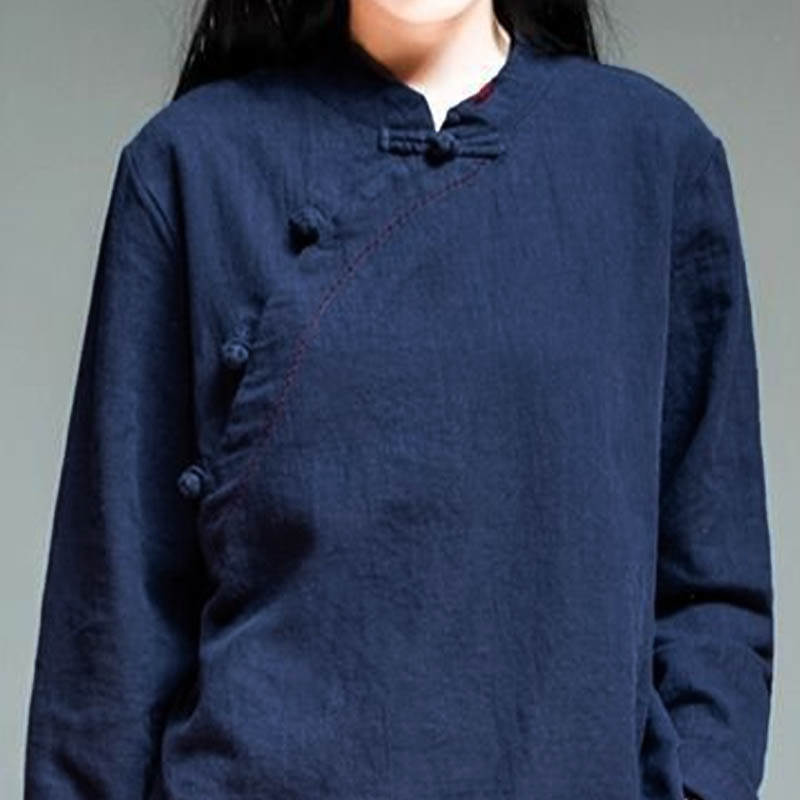 Buddha Stones Oblique Collar Knot button Loose Linen Clothing
