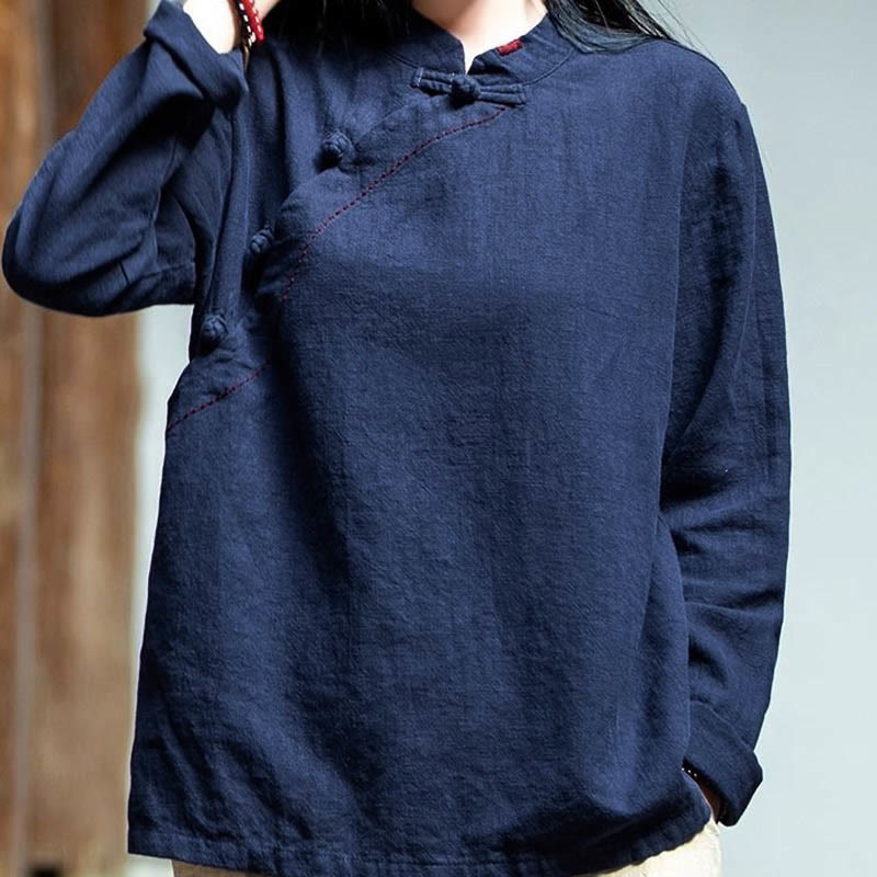 Buddha Stones Oblique Collar Knot button Loose Linen Clothing