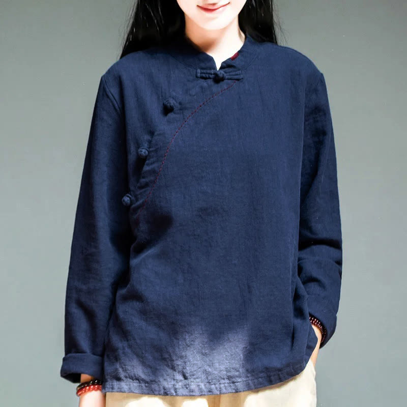 Buddha Stones Oblique Collar Knot button Loose Linen Clothing