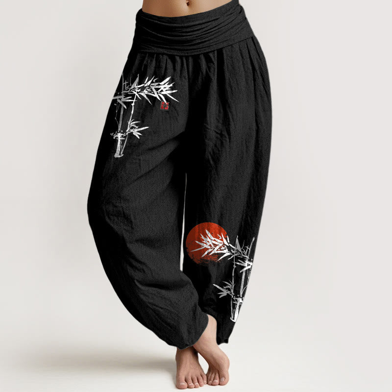 Buddha Stones Bamboo Leaves Red Sun Pattern Women's Elastic Waist Harem Pure Cotton Pants