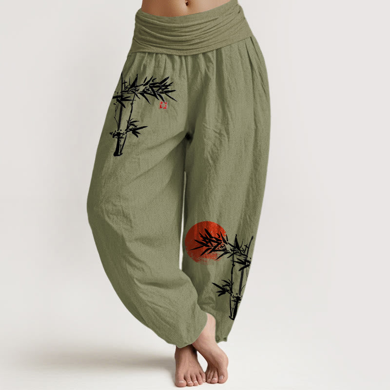 Buddha Stones Bamboo Leaves Red Sun Pattern Women's Elastic Waist Harem Pure Cotton Pants